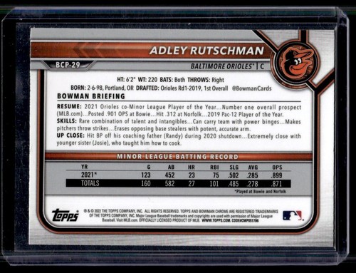 2022 Bowman Chrome QTY Adley Rutschman Baltimore Orioles #BCP-29 - Photo 2 sur 2