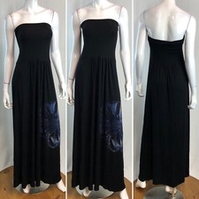 Trac Large Black Blue Floral Print Strapless Pleated Stretchy Maxi Shift Dress
