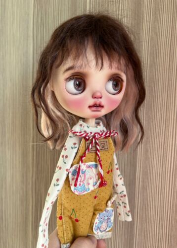 Blythe Doll Clothes —— Cherry Patterned Top & Overalls Outfit Set (OOAK) - Picture 1 of 16