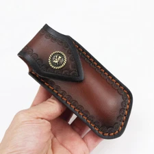  Hand Made Carved Cow Leather Sheath For Outdoor Folding Knife Cover Pouch