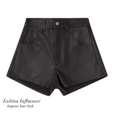 Premium Womens Real Black Leather High Waist Soft Lambskin Chic Leather Shorts
