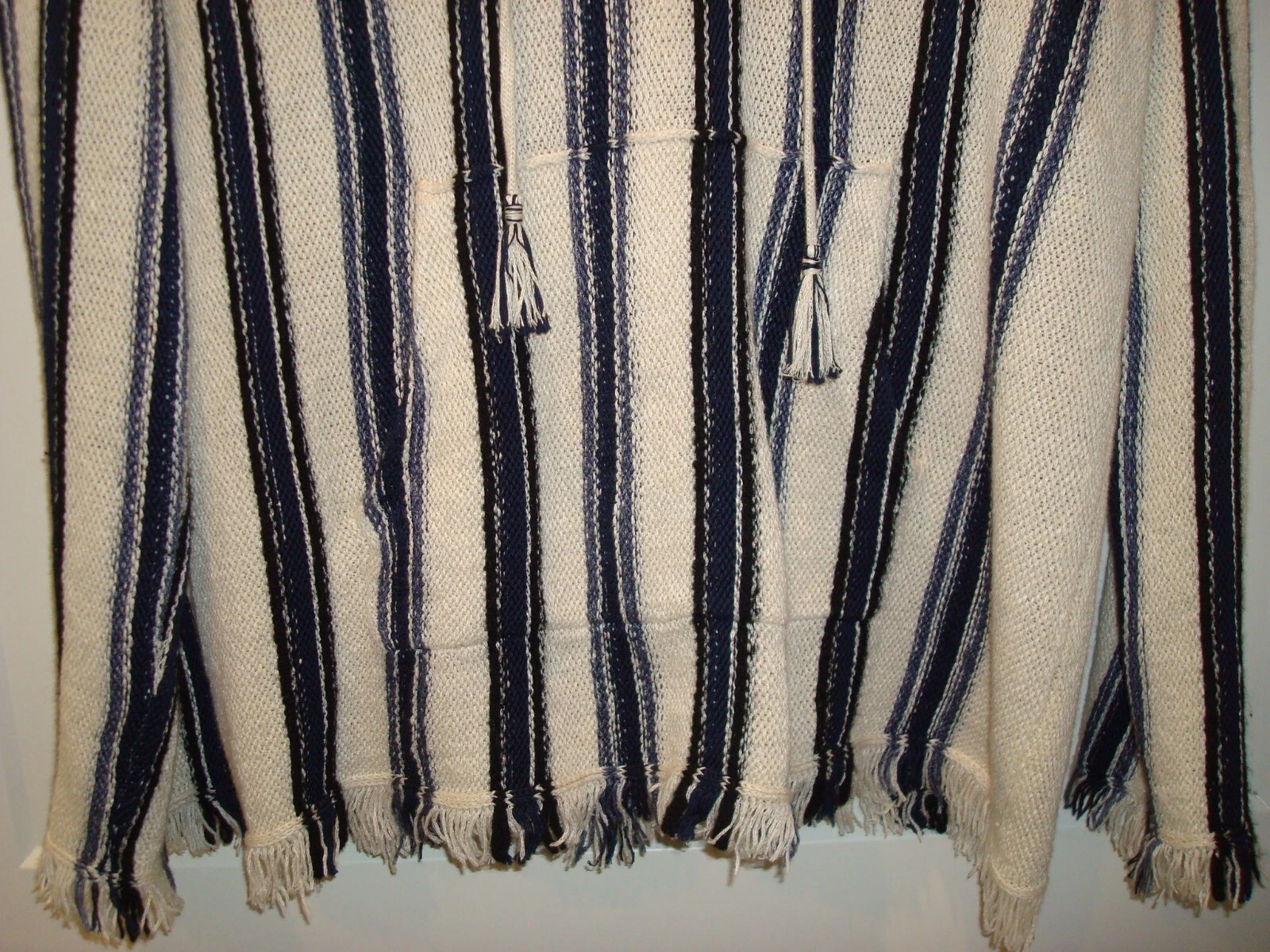 Felpa con cappuccio pullover GUC Tory Burch taglia Med Runway Baja misto lino tunica righe blu