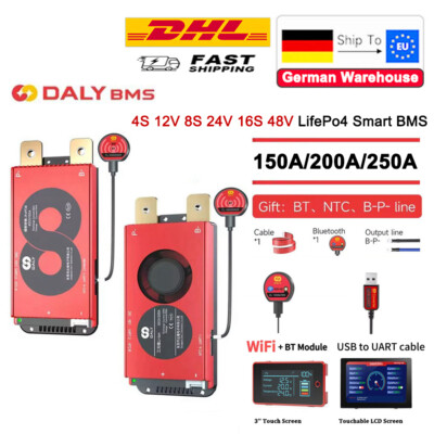 Daly Smart BMS 4S 12V 8S 24V 16S 48V Lifepo4 150A/200A/250A BMS w/Balance BT DE