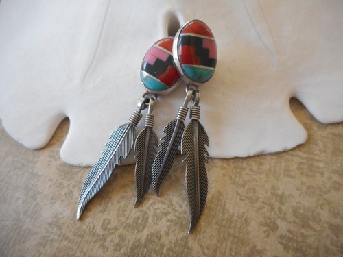 Southwest Sterling Silver Inlaid Turquoise Onyx Coral Earrings J29A2 - Picture 8 of 9