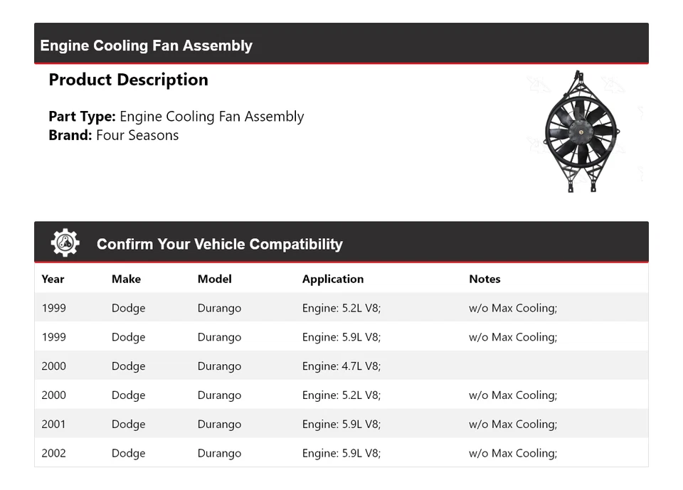 For 1999-2002 Dodge Durango Engine Cooling Fan Assembly 4 Seasons 2000 2001 - Image 2 of 4