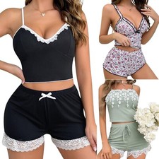 Women  s Pajama Set Soft Lingerie Sleepwear Lace Crop Tank Top and Shorts Lounge