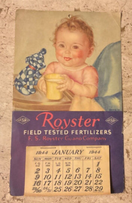 Vintage 1944 Advertising Calendar Cute Baby Royster Fertilizers antique