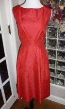 40s 50s VTG Red Embossed Acetate Brocade Dress Sleeveless Cocktail bombshell M