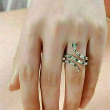 2.00 Ct Round Cut Green Emerald  Diamond Snake Ring 14K White Gold Finish