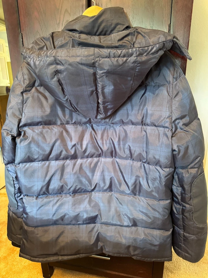 Chaqueta acolchada Elie Tahari Outwear azul a cuadros capucha extraíble para hombre mediana Foto 2 de 4