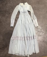 Gunne Sax 1970s Cottage Core Prairie Lace Up Blue Floral Lace Dress Long Sleeve