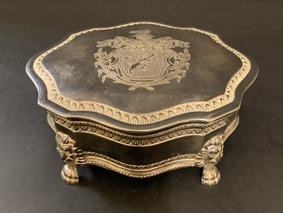 International Silver Coat of Arms Jewelry Box w/ Lion Claw Feet VTG Red Velvet