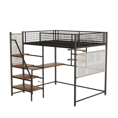 Full Size Metal Loft Bed w/Desk,Storage Stairs,Shelves & LED Light for Dormitory
