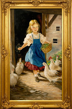 Original Oil Painting Signed Farm Girl Feeding Chickens No Frame Wall Art