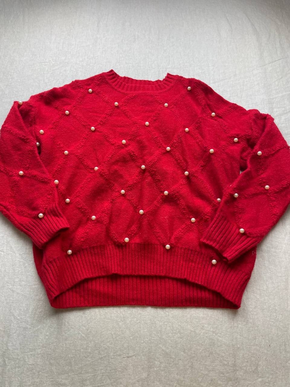 Vintage Nanette Lepore Sweater Womens Medium Red Knit Faux Pearls Crew Pullover