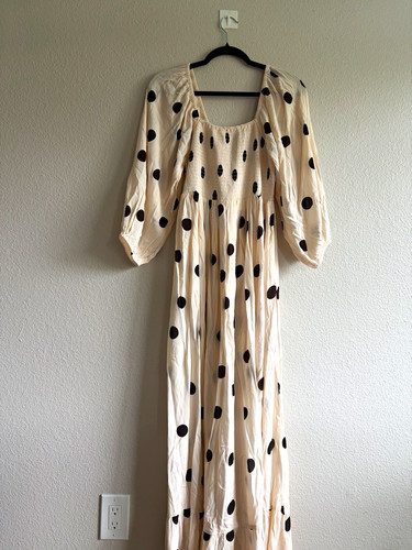 Seraphine Maternity Maxi Dress 8 Beige/Black Polka Dot Smocked Square Neck