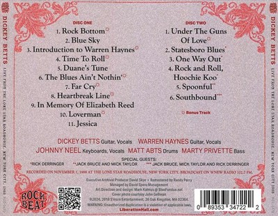 DICKEY BETTS LIVE FROM THE LONE STAR ROADHOUSE NEW YORK CITY 1988 NEW CD