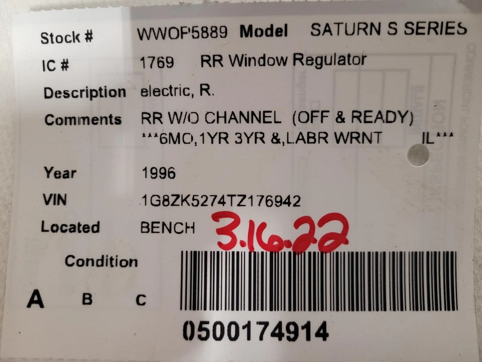 Used Rear Right Door Window Regulator Rear fits: 1996 Saturn S SERIES electric R Foto 3 de 4