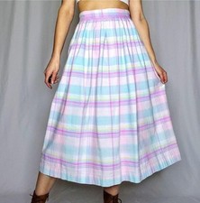 Vintage Women  s Pastel Plaid Cotton Midi Skirt Size S, Pockets