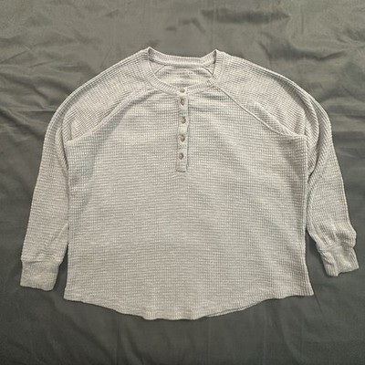 American Eagle Henley Shirt Womens Medium Waffle Knit Long Sleeve Gray