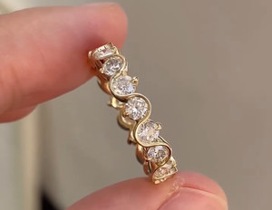 Authentic Wave-Set Round Cut Moissanite Full Eternity Wedding Band in Yellow Gold Plated