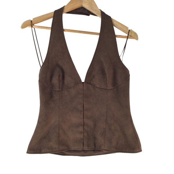 Glassons Tank Womens 6 Brown Faux Suede Halter Camisole Crop Top Party 140504