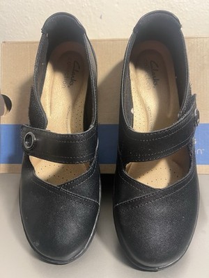 Unstructured Clarks 7 M Womens Black Leather Mary Jane Comfort Flats Shoes