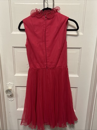 Vintage 1960s Pink Ruffle Neck Chiffon Party Dress 60s Evening Dress & Belt sz 6 - Picture 7 of 15