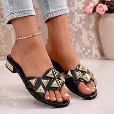 Women's Open Toe Slip On Flat Sandals Fashion Rivet Decor Summer Leisure Shoes