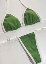 Women's Green/White Triangle Halter Bikini 2-Piece Set S Nylon Adjustable