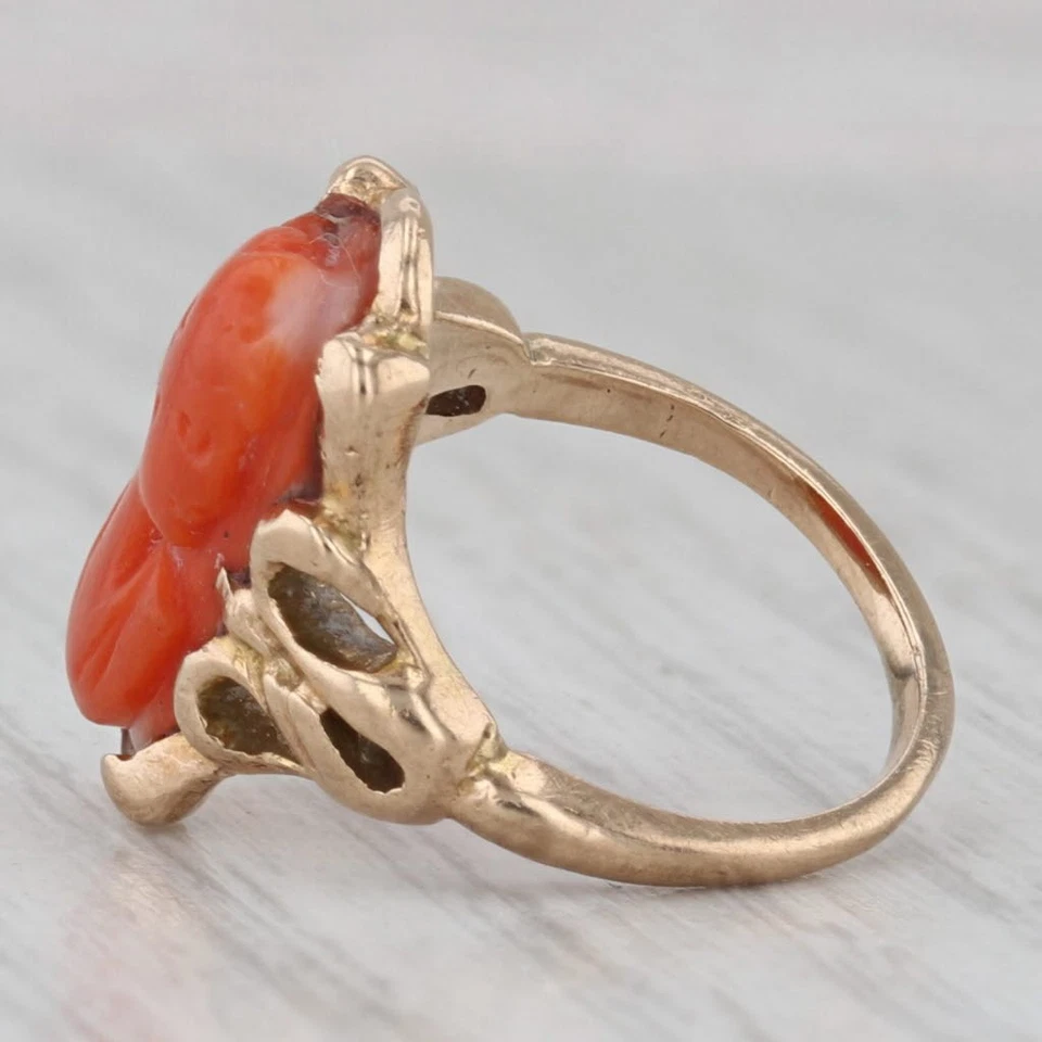 Antique Carved Coral Cameo Ring 10k Yellow Gold Size 3.5 - Image 3 of 4