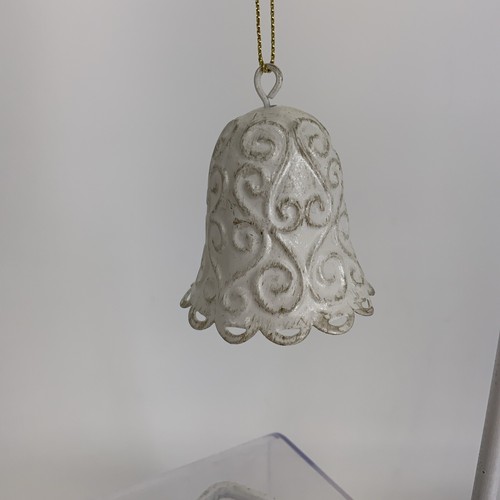 3 Vintage Shabby Chic White Tin Christmas Bell Ornaments 2” - Picture 3 of 4