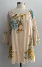 Multiples Light Beige Floral Print Ruffled Tunic Top sz XL