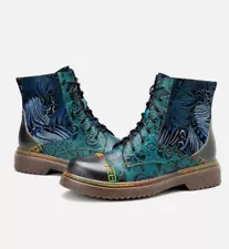 BOHO Ankle Combat Boots Wearable Art  Tapestry Lightweight Punk Retro 6.5 EU 37