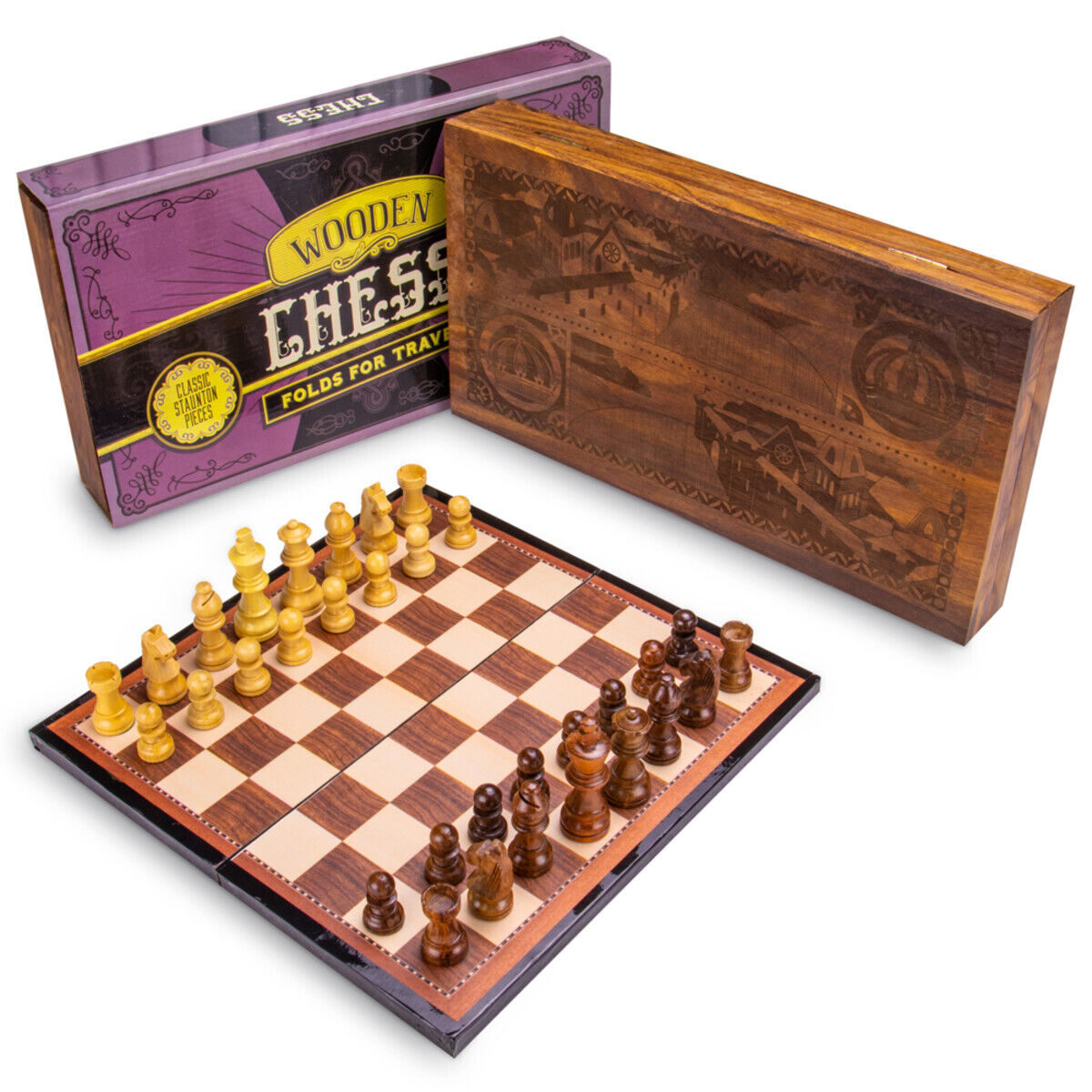 Chess Wooden Checkers Folding Board Game Box Set Vintage Checkers Queens  Gambit