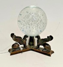 Vintage Glass Paperweight On Metal Bronze Base w/Three Griffins / Gargoyles