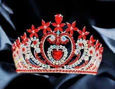 Crystal heart tiara, silver crystal tiara, red stone tiara, Bridal headpiece