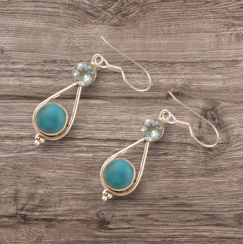 Pendiente Turquesa Plata 925, Pendiente Plata Amatista Verde, Pendiente Lágrima Gancho Foto 4 de 4