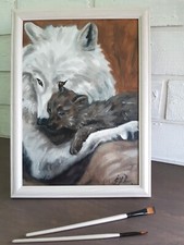 Quadro lupo animale arte originale incorniciato 12 x 9 coppie lupi olio arte ...