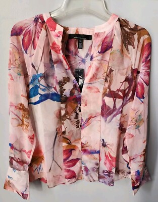 New White House Black Market Floral Front Pleated Tunic Blouse Shirt Pink Sz XS 