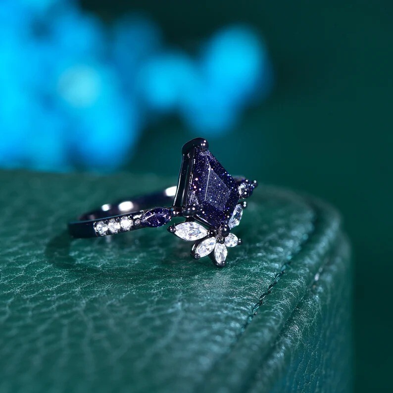 Vintage Kite Blue Sandstone Ring Womens Engagement Ring