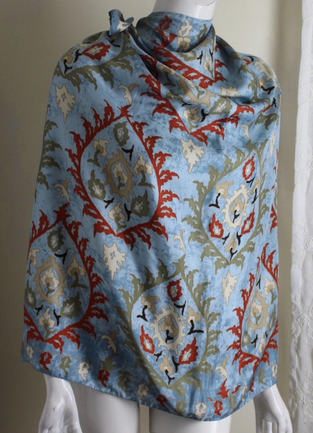 New Eskandar Huge 35" Square Blue Denim Red Green Silk Scarf