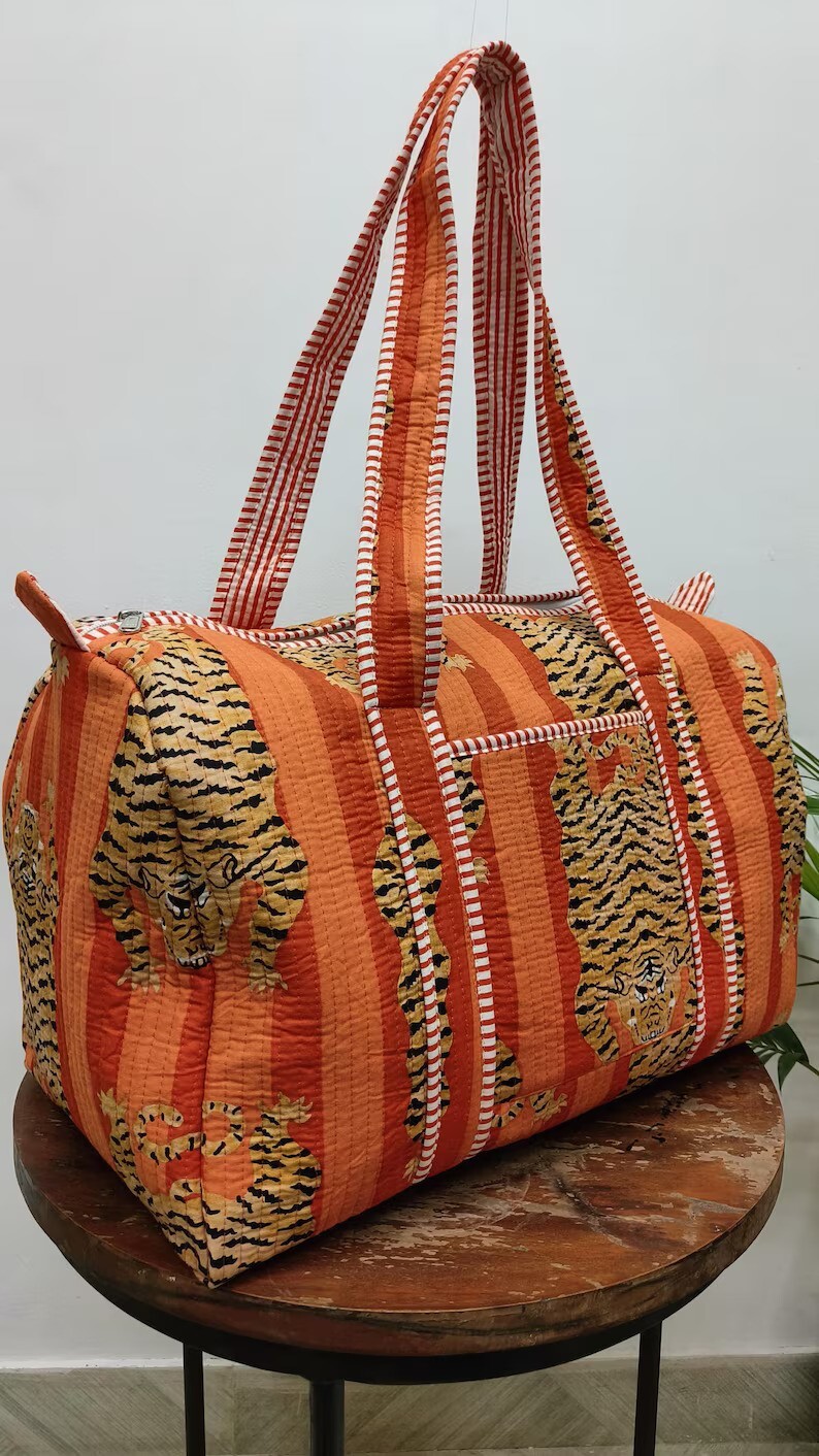 Indian Orange Tiger Cotton Quilted Duffle Bag Women's Bags T