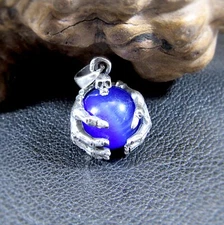 Solid 925 Sterling Silver Skull & Skeleton Hands Cat's Eye Quartz Sphere Pendant