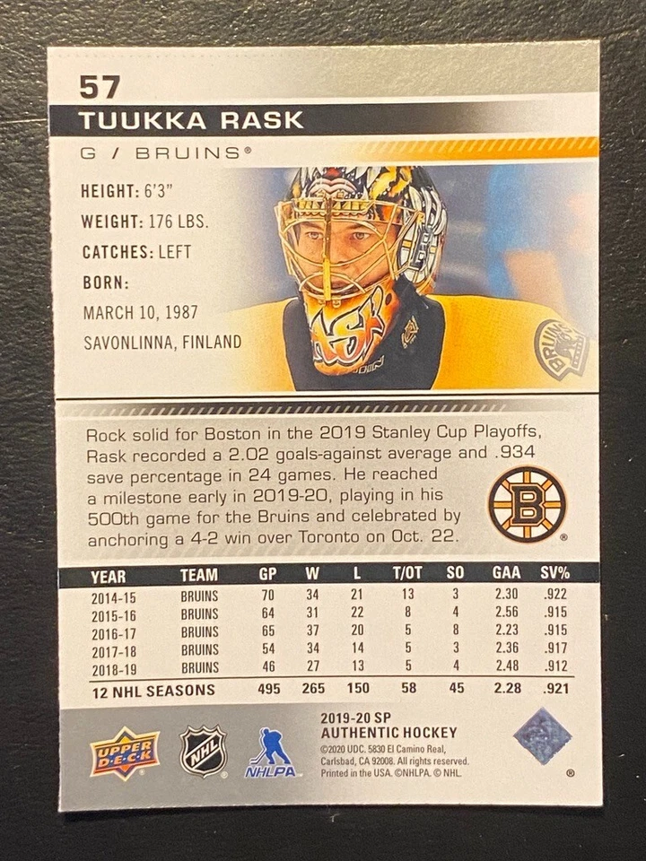 Tuukka Rask 2019-20 Upper Deck SP Authentic #57 Boston Bruins - Image 2 of 2