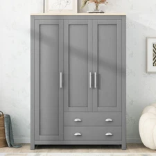 Freestanding Wood Wardrobe Armoire Closet w/2 Drawers, Storage Cabinet Organizer