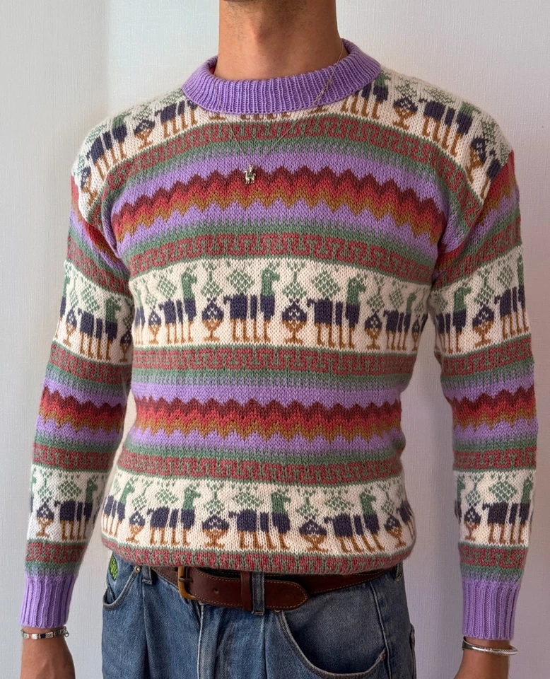 Alpaka Pullover Lila mit Muster Gr M Handgestrickter Alpaka Wollpullover aus Per - Bild 3 von 3