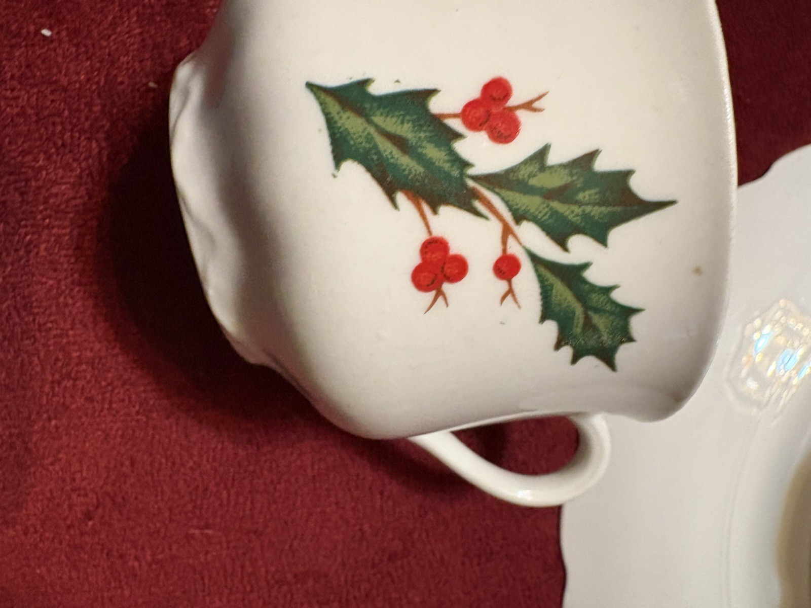 Rare Vintage Homer Laughlin Hudson Set Xmas Plate Cup Saucer Holly Berry Gold 3