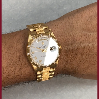 Rolex Day-Date President 18k Yellow Gold Bark Diamond 36mm Watch W