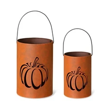 2 Pack Halloween Cutout Pumpkin Lantern Candle Holder Bucket Thanksgiving Met...